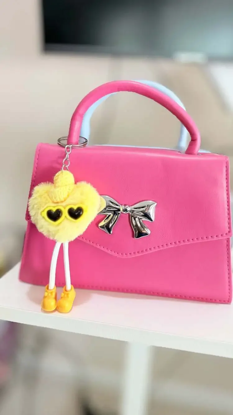 OMG Accessories Pink Angled Flap Crossbody Bag with Bow Detail and Furry Heart C
